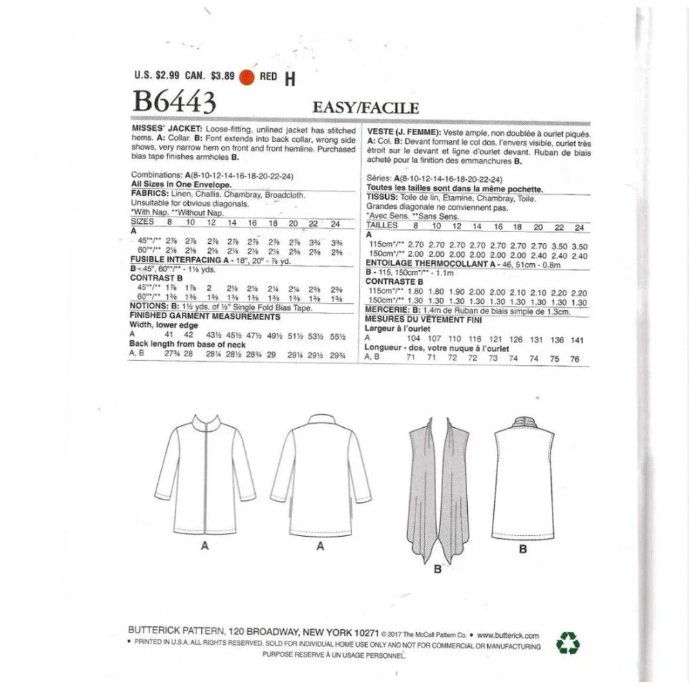 See &‎ Sew 6443 Misses' Unlined Jacket Size A (8-24) Easy Sewing Pattern Uncut